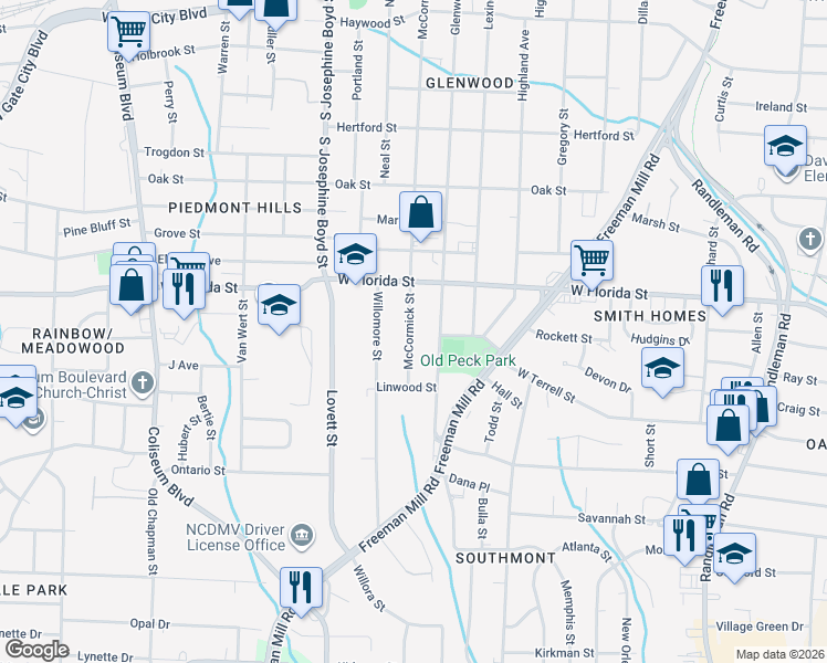 map of restaurants, bars, coffee shops, grocery stores, and more near 1519 McCormick Street in Greensboro