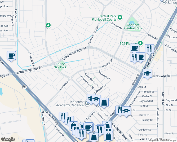 map of restaurants, bars, coffee shops, grocery stores, and more near 2 North Water Street in Henderson