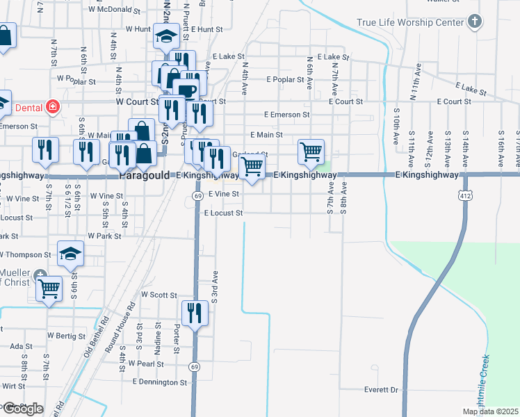 map of restaurants, bars, coffee shops, grocery stores, and more near 411 East Locust Street in Paragould