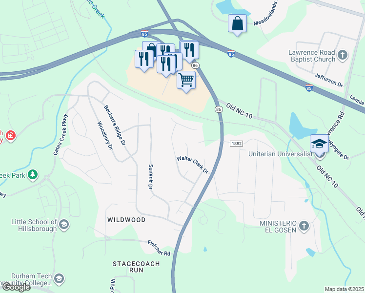 map of restaurants, bars, coffee shops, grocery stores, and more near 2305 Judah Benjamin Court in Hillsborough