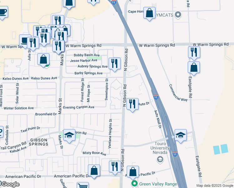 map of restaurants, bars, coffee shops, grocery stores, and more near 325 North Gibson Road in Henderson