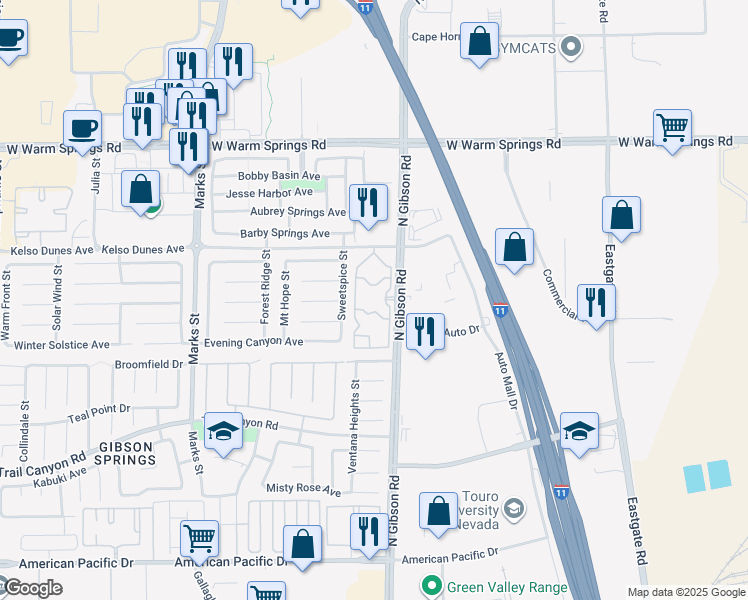 map of restaurants, bars, coffee shops, grocery stores, and more near 325 Old Gibson Road in Henderson
