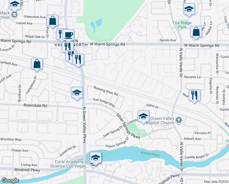 map of restaurants, bars, coffee shops, grocery stores, and more near 2126 Running River Road in Henderson