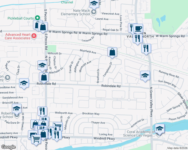 map of restaurants, bars, coffee shops, grocery stores, and more near 2368 Millcroft Drive in Henderson