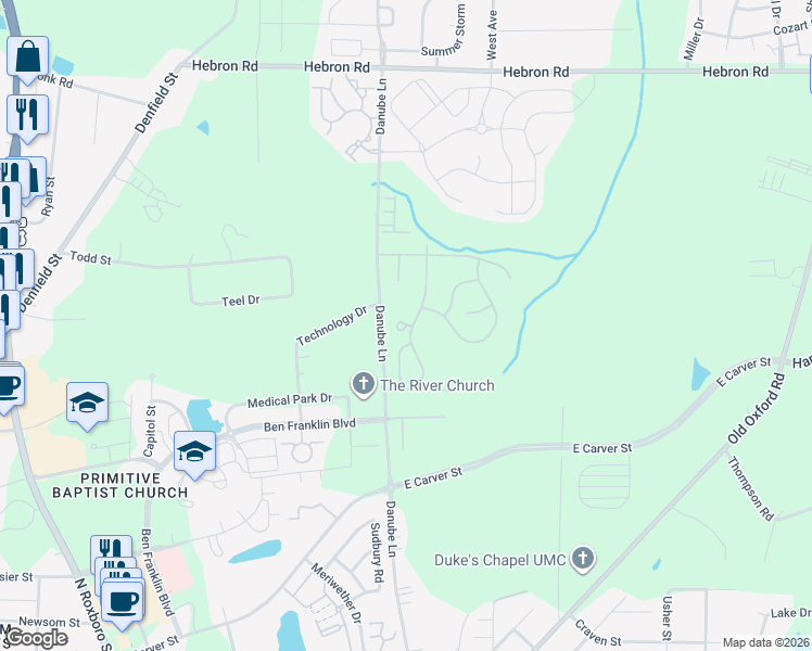map of restaurants, bars, coffee shops, grocery stores, and more near 50 Rochambeau Court in Durham