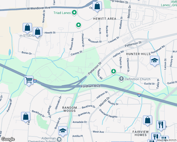 map of restaurants, bars, coffee shops, grocery stores, and more near 3823 Patterson Street in Greensboro