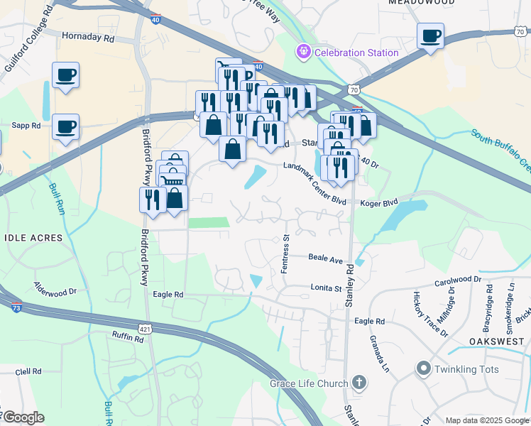 map of restaurants, bars, coffee shops, grocery stores, and more near 6 Raelans Circle in Greensboro