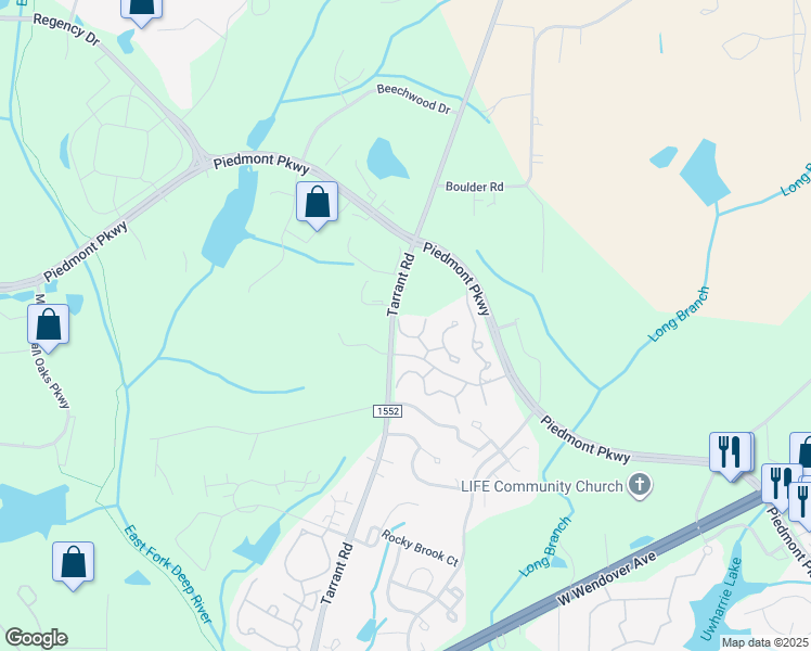 map of restaurants, bars, coffee shops, grocery stores, and more near 4405 Feldspar Court in Greensboro
