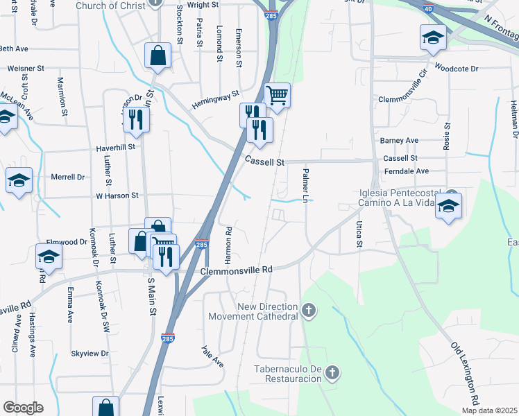 map of restaurants, bars, coffee shops, grocery stores, and more near 3216 Starlight Drive in Winston-Salem