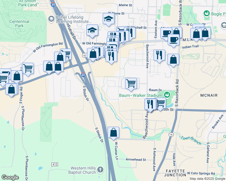 map of restaurants, bars, coffee shops, grocery stores, and more near 1122 S Futrall Dr in Fayetteville
