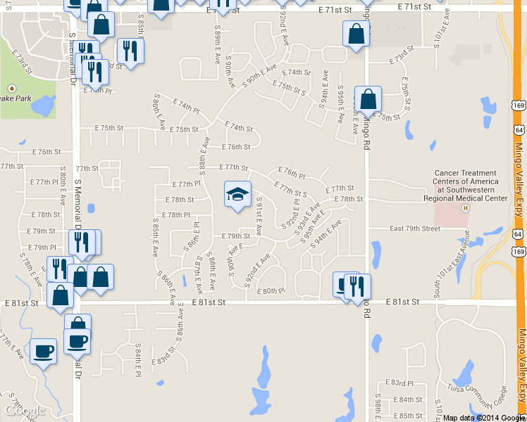 map of restaurants, bars, coffee shops, grocery stores, and more near 9015 East 79th Street in Tulsa