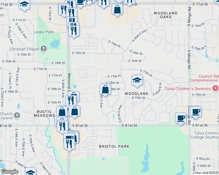 map of restaurants, bars, coffee shops, grocery stores, and more near 8607 East 78th Place in Tulsa