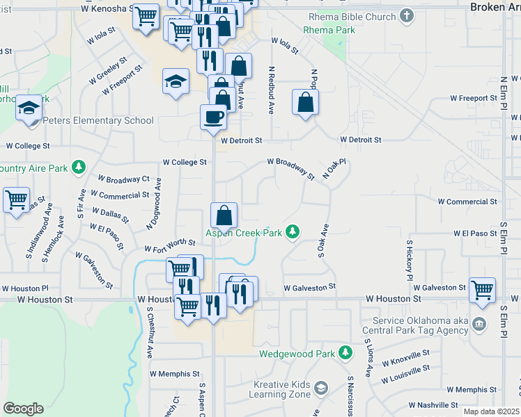 map of restaurants, bars, coffee shops, grocery stores, and more near 1929 W Dallas St in Broken Arrow