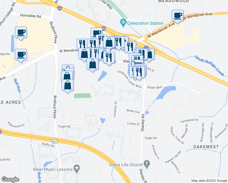 map of restaurants, bars, coffee shops, grocery stores, and more near 1 Sidney Marie Court in Greensboro