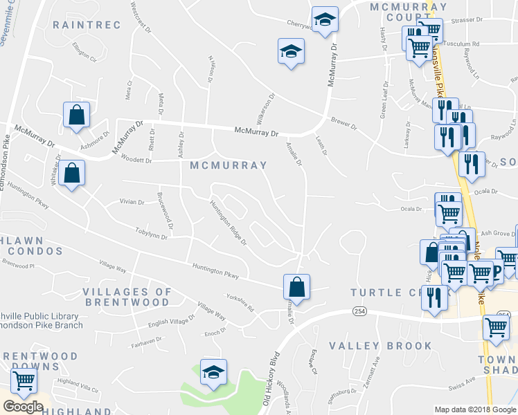 map of restaurants, bars, coffee shops, grocery stores, and more near 494 Huntington Ridge Drive in Nashville