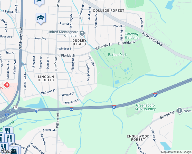 map of restaurants, bars, coffee shops, grocery stores, and more near 1705 Alice Avenue in Greensboro
