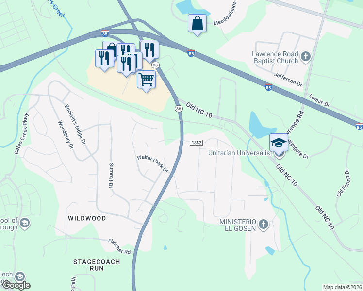 map of restaurants, bars, coffee shops, grocery stores, and more near 2304 North Carolina 86 in Hillsborough