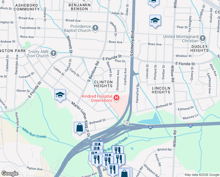 map of restaurants, bars, coffee shops, grocery stores, and more near 1923 Belcrest Drive in Greensboro