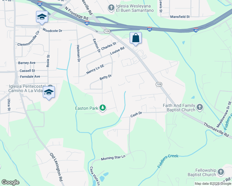 map of restaurants, bars, coffee shops, grocery stores, and more near Jones Meadow Drive in Winston-Salem