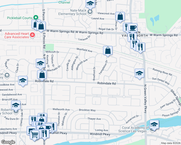 map of restaurants, bars, coffee shops, grocery stores, and more near 2368 Millcroft Drive in Henderson