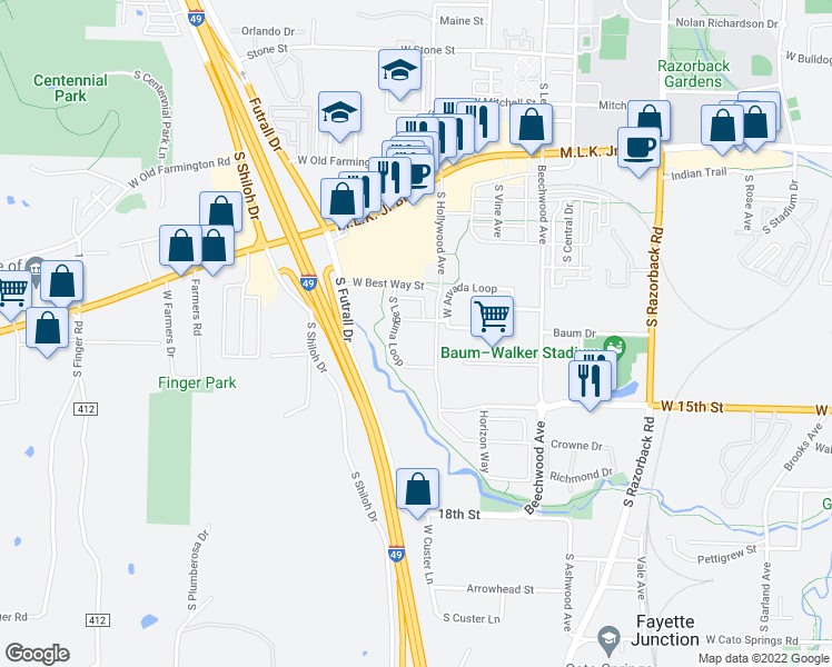 map of restaurants, bars, coffee shops, grocery stores, and more near 1122 S Futrall Dr in Fayetteville