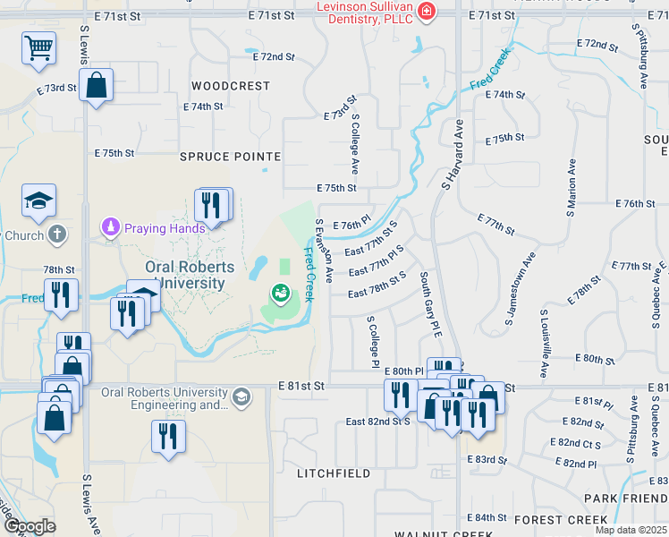 map of restaurants, bars, coffee shops, grocery stores, and more near 2905 East 77th Place South in Tulsa