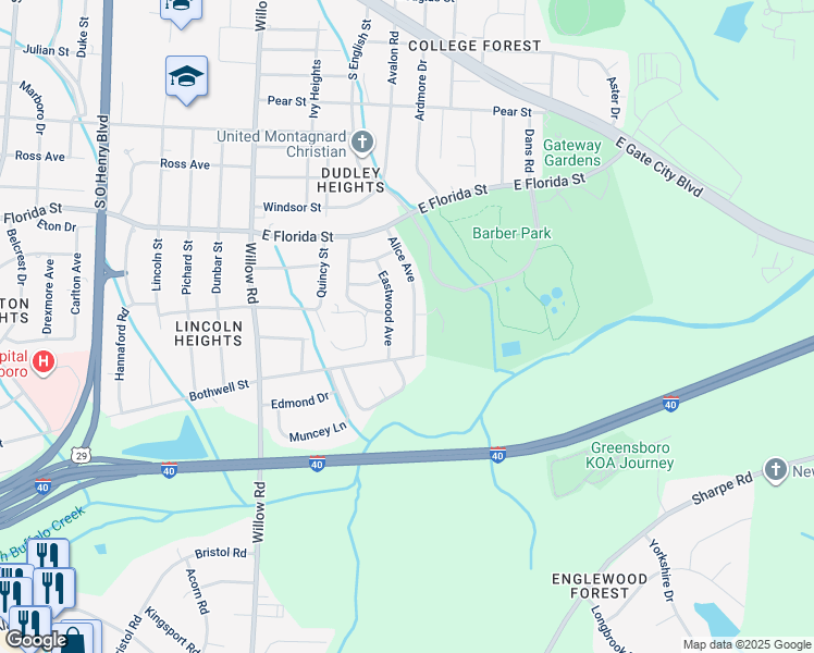 map of restaurants, bars, coffee shops, grocery stores, and more near 1704 Alice Avenue in Greensboro