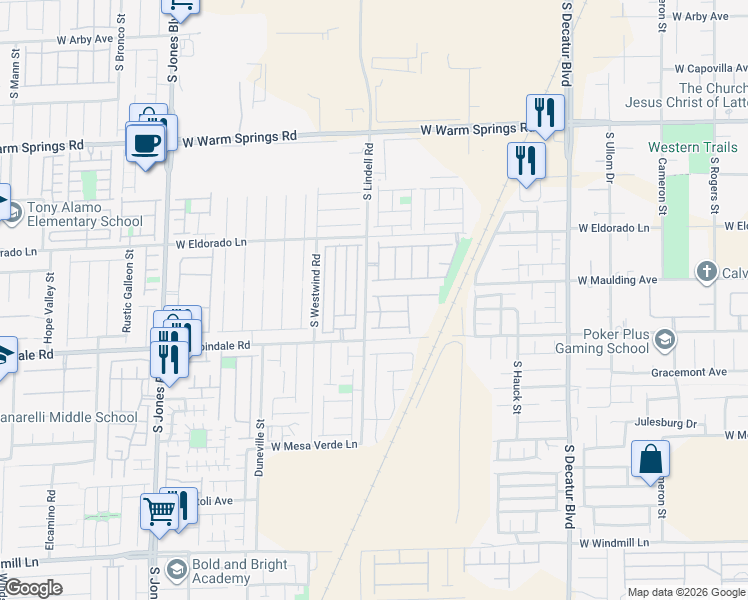 map of restaurants, bars, coffee shops, grocery stores, and more near 7621 Dancing Dolphin Street in Las Vegas