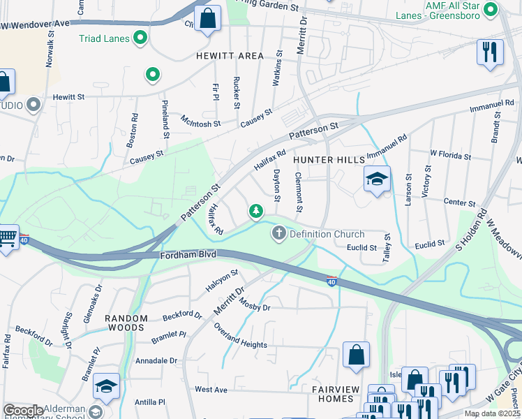 map of restaurants, bars, coffee shops, grocery stores, and more near 4004 Gentry Street in Greensboro
