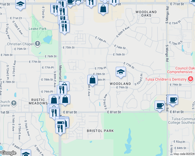 map of restaurants, bars, coffee shops, grocery stores, and more near 8607 East 78th Place in Tulsa