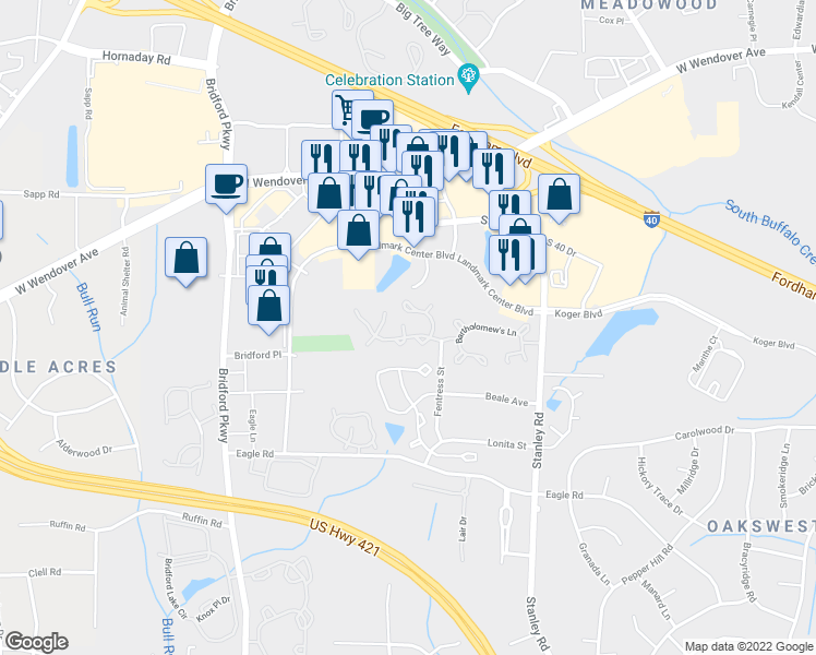map of restaurants, bars, coffee shops, grocery stores, and more near 6 Raelans Circle in Greensboro