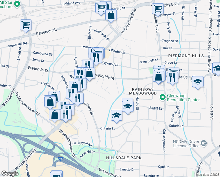 map of restaurants, bars, coffee shops, grocery stores, and more near 3 Dumont Court in Greensboro