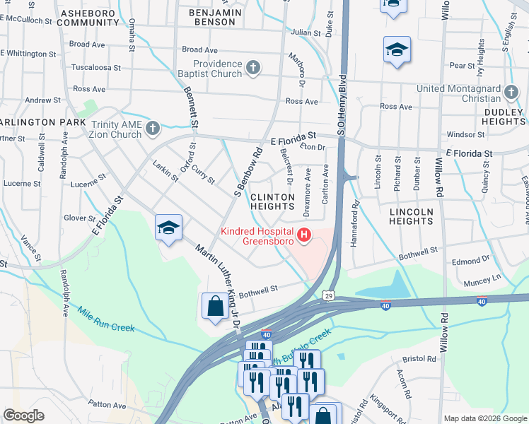 map of restaurants, bars, coffee shops, grocery stores, and more near 1919 Finley Street in Greensboro