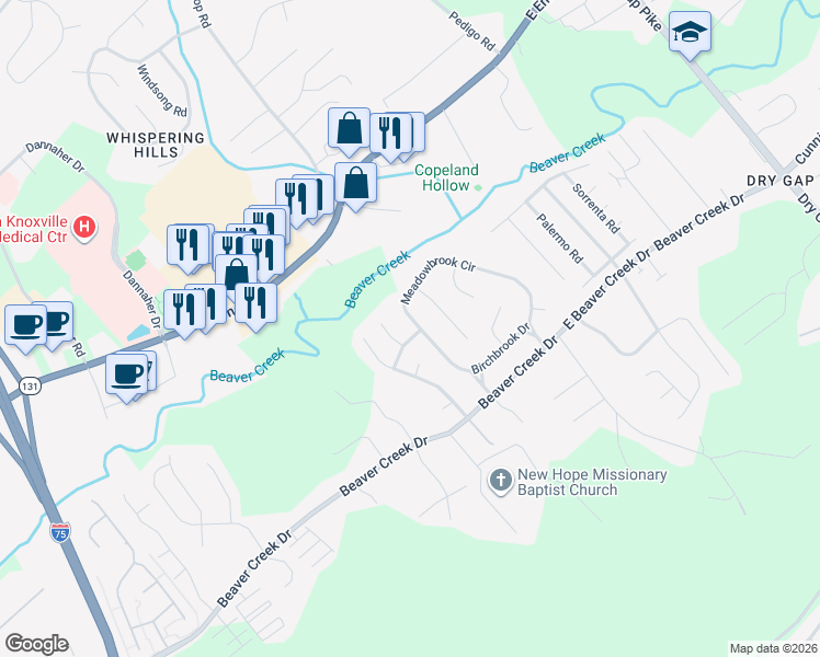 map of restaurants, bars, coffee shops, grocery stores, and more near 7201 Meadowbrook Circle in Knoxville