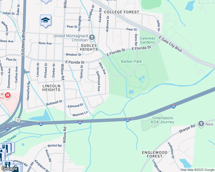 map of restaurants, bars, coffee shops, grocery stores, and more near 1705 Alice Avenue in Greensboro