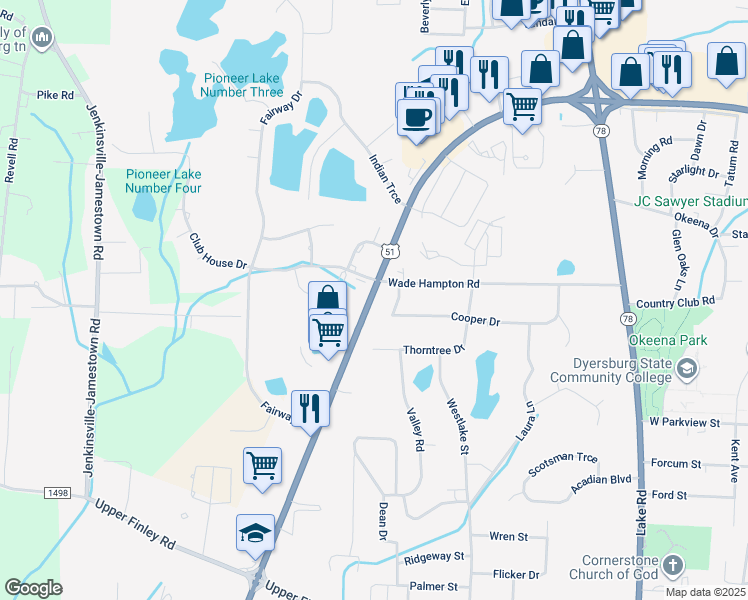 map of restaurants, bars, coffee shops, grocery stores, and more near 1876 U.S. 51 Bypass in Dyersburg