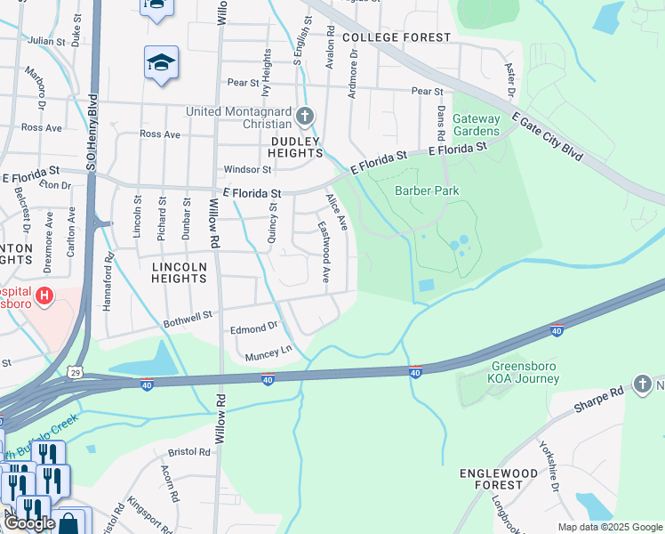 map of restaurants, bars, coffee shops, grocery stores, and more near 1705 Eastwood Ave in Greensboro