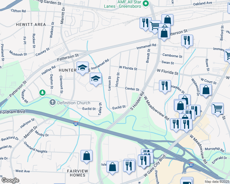 map of restaurants, bars, coffee shops, grocery stores, and more near 1506 Victory Street in Greensboro