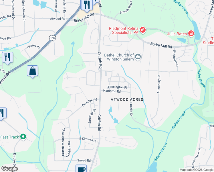 map of restaurants, bars, coffee shops, grocery stores, and more near 3345 Kensington Place in Winston-Salem