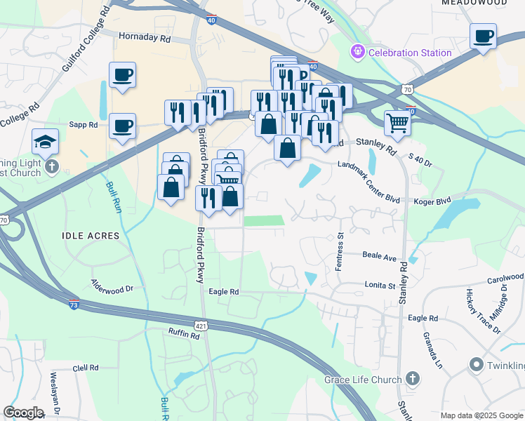 map of restaurants, bars, coffee shops, grocery stores, and more near 6115 Landmark Center Boulevard in Greensboro