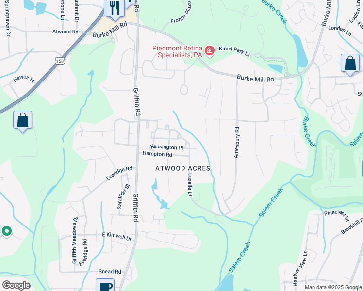 map of restaurants, bars, coffee shops, grocery stores, and more near 3133 Kensington Place in Winston-Salem