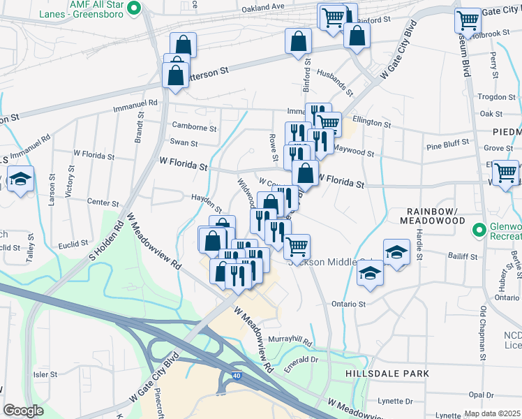 map of restaurants, bars, coffee shops, grocery stores, and more near 2728 Hayden Street in Greensboro