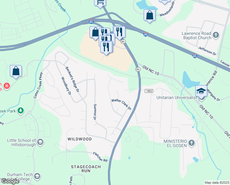 map of restaurants, bars, coffee shops, grocery stores, and more near 2305 Judah Benjamin Court in Hillsborough