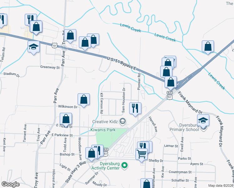 map of restaurants, bars, coffee shops, grocery stores, and more near 1019 Sam Davis Road in Dyersburg