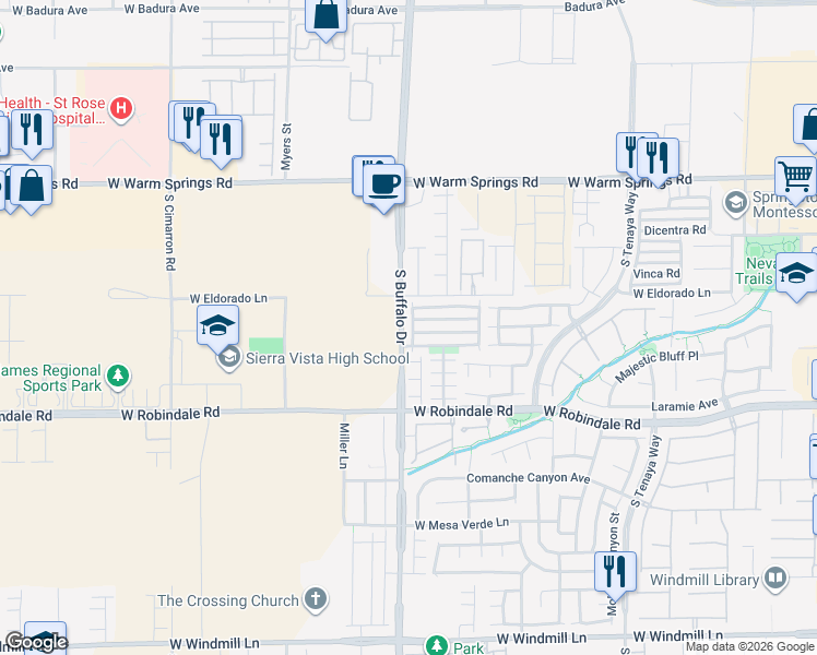 map of restaurants, bars, coffee shops, grocery stores, and more near 7561 Garden Village Lane in Las Vegas
