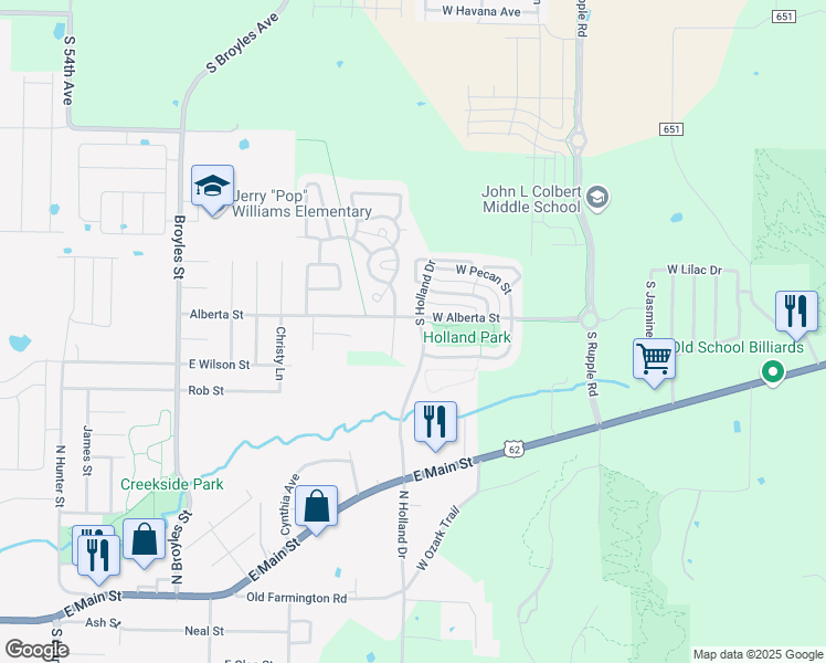 map of restaurants, bars, coffee shops, grocery stores, and more near 1369 South Holland Drive in Fayetteville