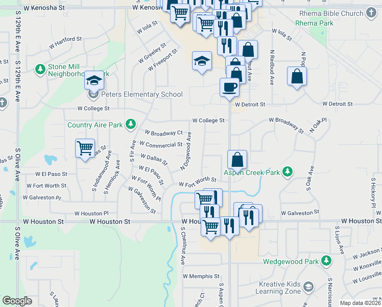 map of restaurants, bars, coffee shops, grocery stores, and more near 213 South Dogwood Avenue in Broken Arrow
