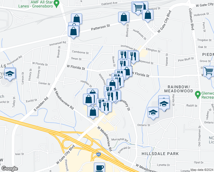 map of restaurants, bars, coffee shops, grocery stores, and more near 2730 Hayden Street in Greensboro