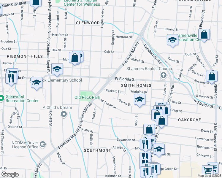 map of restaurants, bars, coffee shops, grocery stores, and more near 812 Rockett Street in Greensboro