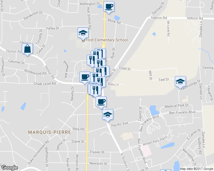 map of restaurants, bars, coffee shops, grocery stores, and more near 4302 Denfield Street in Durham